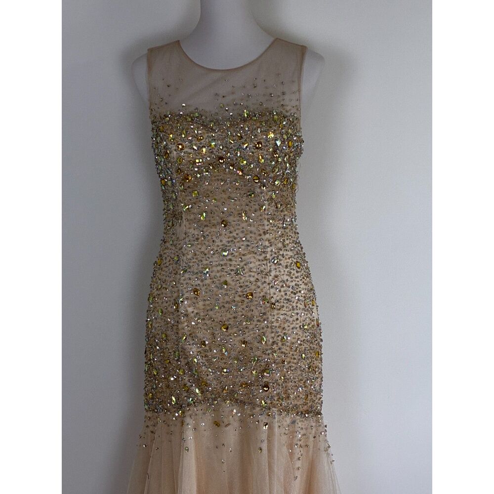 Camille La Vie Heavily Embellished Gold Illusion Mermaid Gown Sequins beading 6
